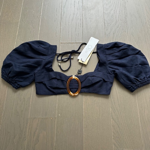 PatBo La Mer Crop Top Indigo Navy Blue Linen Puff Sleeve Size 4 - Picture 2 of 8